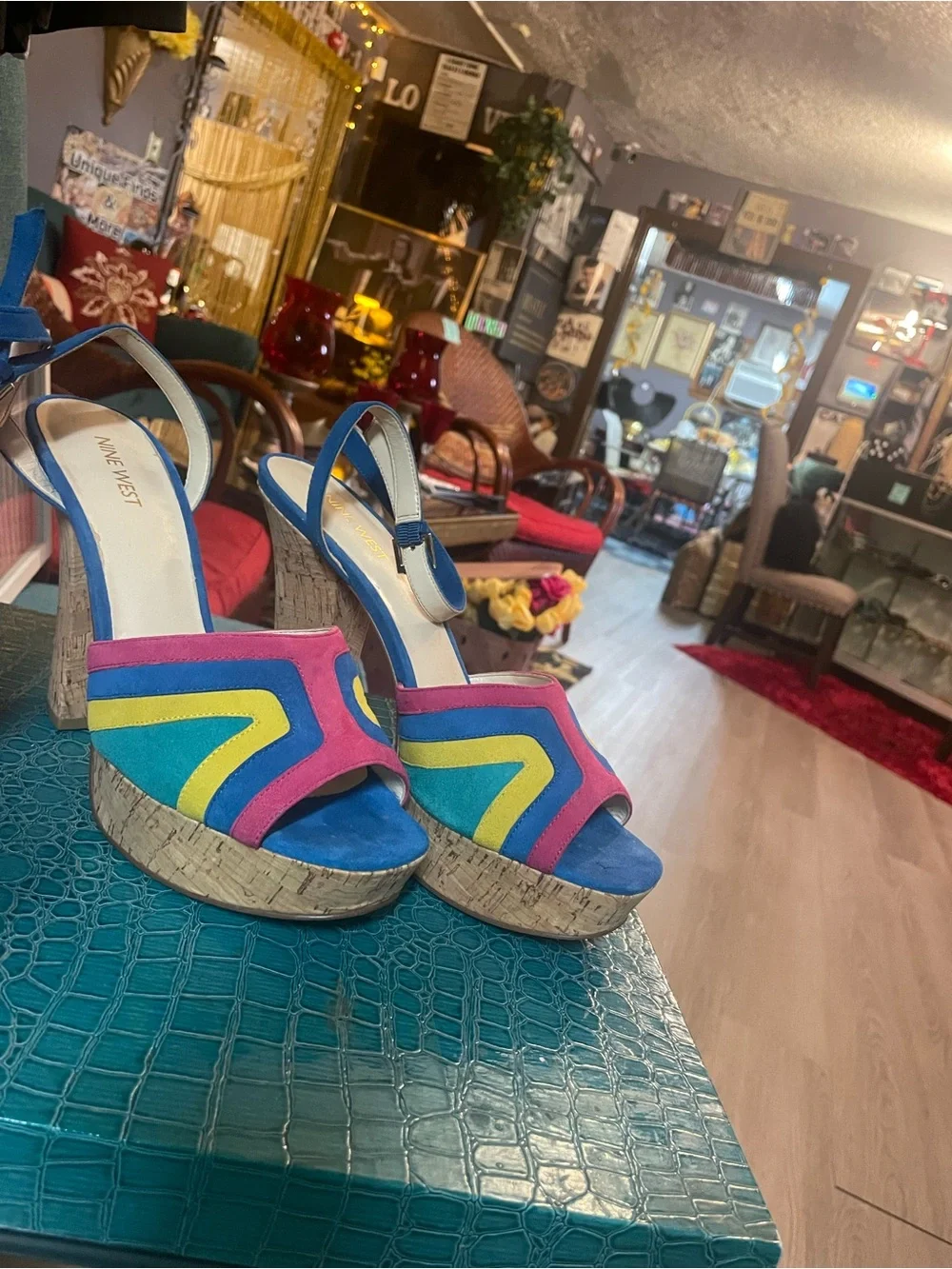 Nine West Blue, Pink & Yellow Cork Platform Wedge Sandals